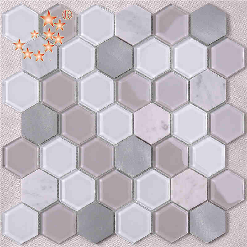 Dernière Conception Cuisine Et Salle De Bains Décoration Intérieure Waterjet Hexagone En Métal Verre Mélangé De Sol De Marbre Tuile De Mosaïque