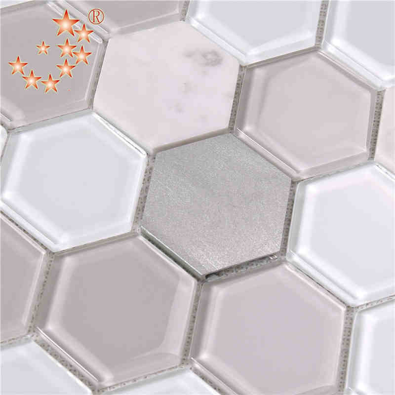 Dernière Conception Cuisine Et Salle De Bains Décoration Intérieure Waterjet Hexagone En Métal Verre Mélangé De Sol De Marbre Tuile De Mosaïque