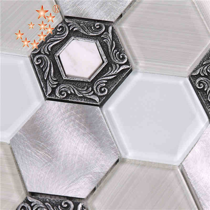 Alliage brossé Premium Tuiles Hexagone Décoratif En Verre Blanc Décoration Mur Mosaïque Restaurant