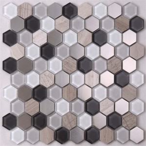 Tuile de mosaïque de verre mélangée chaude d'hexagone en métal de marbre de vente pour la décoration intérieure