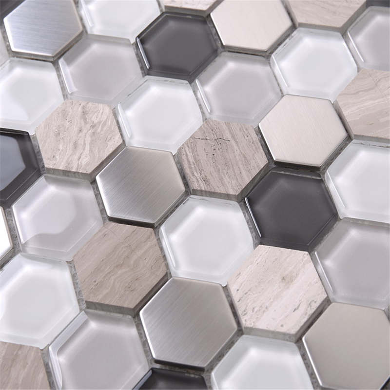 Tuile de mosaïque de verre mélangée chaude d'hexagone en métal de marbre de vente pour la décoration intérieure