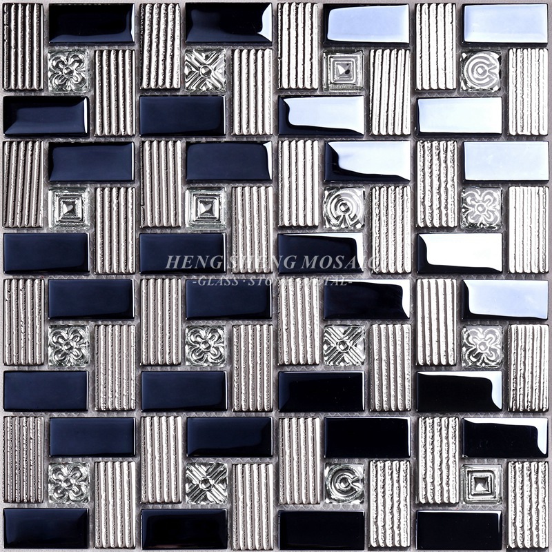 Carrelage décoratif HDT01 12x12 Carré Galvanoplastie Noir Brillant et Sliver Verre Irisé Mosaïque